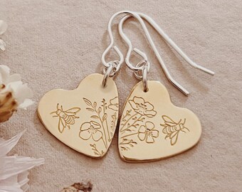 Wildflower and Bee - Brass Heart Earrings - Sterling Silver Hooks - Choose your design - Poppies & Daisies