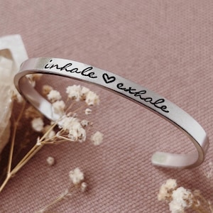 Inhale Exhale Aluminium stamped cuff - Yoga - Meditation - Mantra Cuff - Yoga Gift - Handstamped Jewellery - Breathe Work - Self Care