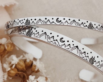 Mountain Scene Aluminium Cuff Bracelet: Adjustable Open Back