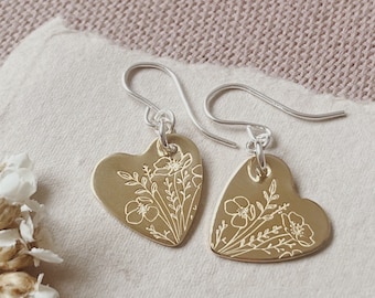 Wildflower Brass Heart Earrings - Sterling Hooks - Choose your design - Poppies & Daisies