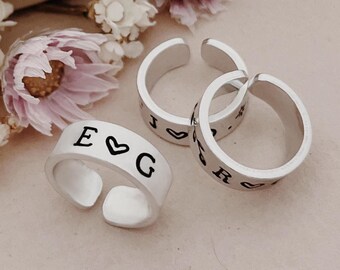 Stamped Initials Ring: Adjustable Aluminum Couples Gift