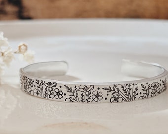 Wildflower Wonders - Stamped Aluminium Adjustable Cuff Bracelet - Floral Design
