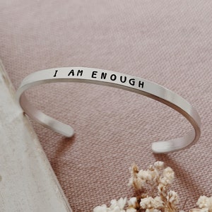 I Am Enough Skinny Aluminium Cuff Bracelet Adjustable Open Back Self Care Empowerment image 1