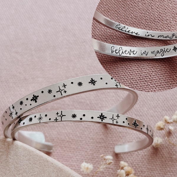 Magical Stars Aluminium Cuff Bracelet - Double Sided - Believe In Magic - Night Sky - Star Lover - Star Gazer - Adjustable Open Back