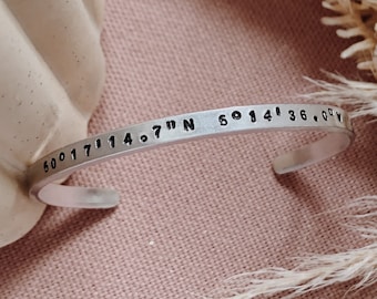 Co-ordinate Stamped Aluminium Cuff - GPS Cuff Bracelet, Longitude Latitude Bracelet, Stamped Skinny Cuff - Travel - Special Place