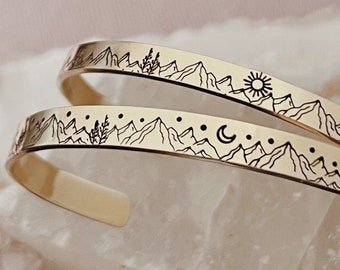 Brass Mountain Scene Adjustable Cuff Bracelet - Travel Lover - Adventure - Forest & Trees - Open Back - Adjustable