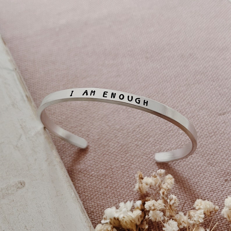 I Am Enough Skinny Aluminium Cuff Bracelet Adjustable Open Back Self Care Empowerment image 1