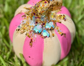 Decor / Ceramic Pumpkin - Glam Pumpkin - Glitter - Rhinestone - Gold - Pink and White - Striped - Fall - Halloween - Table Top