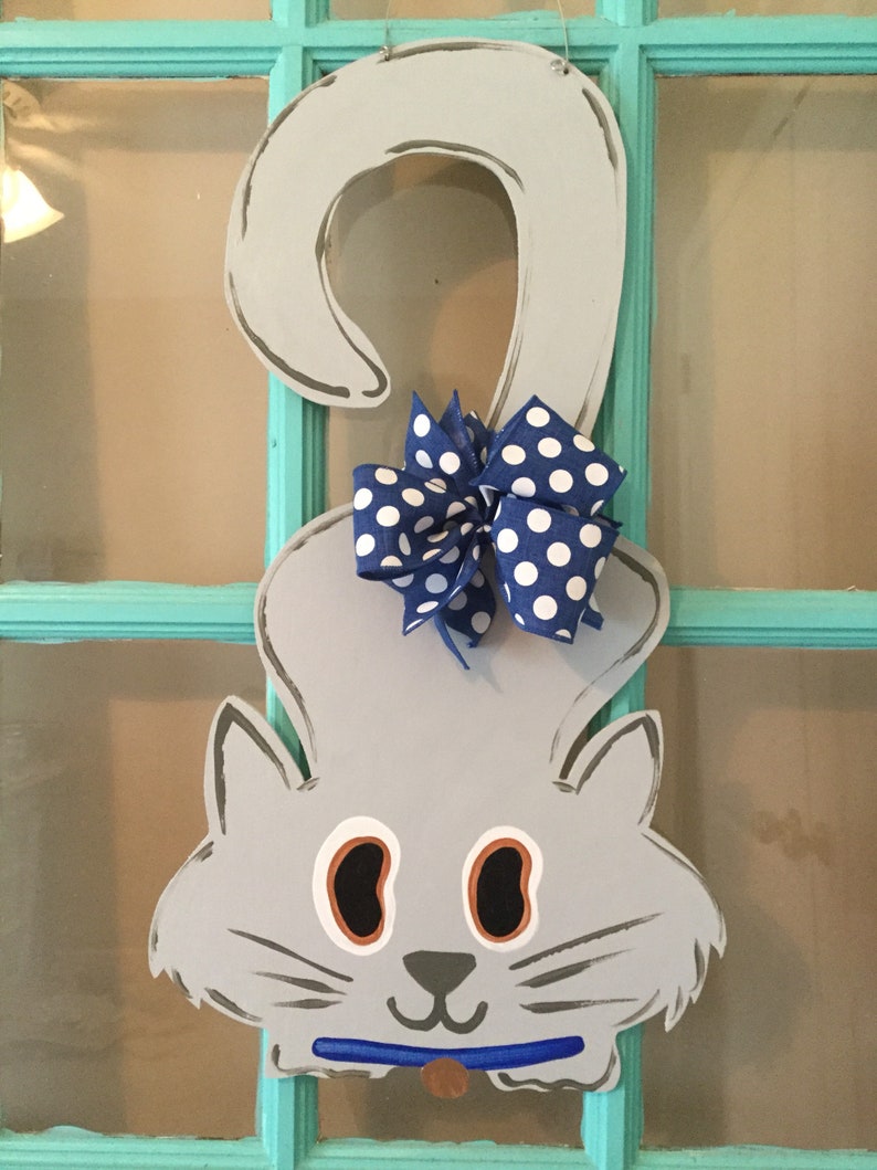 Grey Cat Wooden Door Hanger Etsy