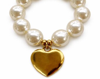 Bracelet / Pearl - Statment Bracelet - Gold - Heart - Charm - Stretch - Valentines - Gift - Chunky - Love