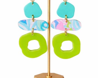 Ready to Ship - Earrings / Lime Green and Aqua Post Dangle Chandelier Earring - Gold Post - Rectangle - Lilly - Spring - Easter