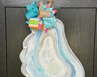 Door Hanger / Blue Oyster Wood Door Hanger - Glitter - Beach - Coastal - Lake - Destin - Crab - Shell - Pearl - Aqua - Summer - Winter