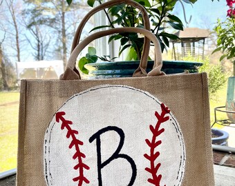 Burlap Bag / Hand Painted Jute Bag- Diaper Bag - Beach Bag - Reusable Bag - Tote - Purse - Travel Bag - Baseball