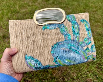 Purse / Clutch - Purse - Handpainted - Blue Crab - Crab - Beachy - Coastal - Glitter - Blue - Pink - Lime Green