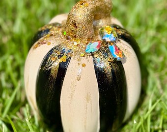 Decor / Ceramic Pumpkin - Glam Pumpkin - Glitter - Rhinestone - Gold - Black and White - Striped - Fall - Halloween - Table Top
