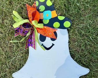 Ready to Ship - Door Hanger / Halloween - Ghost - Glitter Polka Dots - Whimsical - Fall - Witch Hat