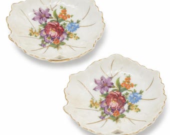 Vintage Set of 2 Scallop Esge Leaf Japanese Trinket Dish - Antique - Plate Wall - Gold - Floral - Leaf