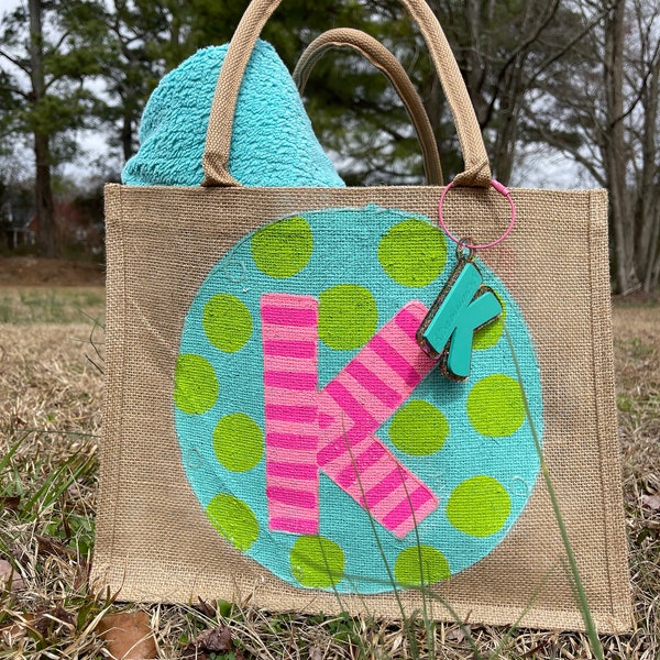 Ready To Ship - Burlap Bag / Hand Painted Jute Bag- Diaper Bag - Beach Bag - Reusable Bag - Tote - Purse - Travel Bag - Monogram