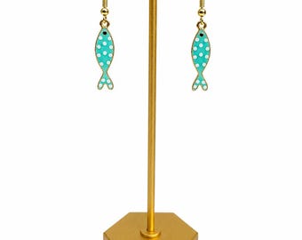 Ready to Ship - Earrings / Fish - Turquoise - Aqua - Gold - Polka Dot - Beachy - Coastal - Lake - Fishing - Vacation - Casual