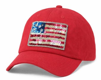 Ready to Ship - Hat / Baseball - Cap - Pool Side - Sequin Flag - Spring Break - Red - White - Blue - USA - American Flag - Sparkly