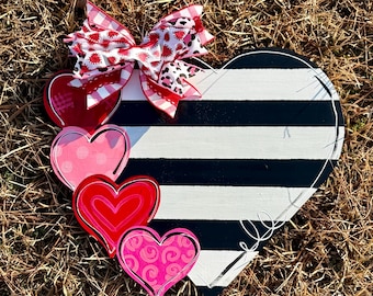 Door Hanger / Valentines Day - Heart - Wooden Door Hanger - Hearts - Black and White Stripes - Polka Dots - Pink - Red
