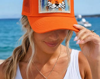 Hat / Trucker Style Hat - Cap - Blue - Orange - Tiger - - Patch - Football - Tailgating - Game Day Hat