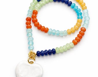 Necklace / Beaded White Heart - Rainbow Beads - Heart Pendant -Charm Necklace - Anthropologie - Enamel Charm - Colorful - Blue - Orange