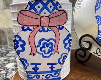 Attachment / Ginger Jar - Interchangeable Wreath - Door Hanger - Attachment - Pink Bow - Christmas - Glitter- Bow - Mini - Chinoiserie- Jar