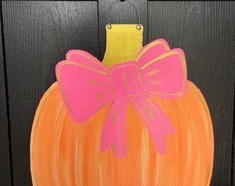 Door Hanger / Pink Bow Orange Fall Pumpkin Wooden Door Hanger - Pink Bow - Gold - Distressed - Pumpkin