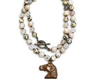 Ready to Ship - Necklace / Hand Knotted - Bead - Amazonite - Horse Head - Natural - Brown - Aqua - Tan - Neutral - Charm - Long - Western