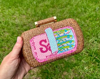 Ready to Ship - Purse / Clutch - Purse - Handpainted - Fish - Sardines - Beachy - Coastal - Blue - Pink - Lime Green - Gold - Rattan - Straw