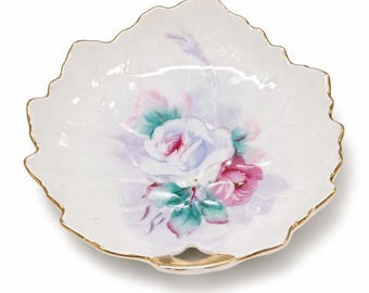 Vintage Scallop Edge Leaf Japanese Trinket Dish - Antique - Plate Wall - Gold - Floral - Leaf - Pink Rose - Candy Dish