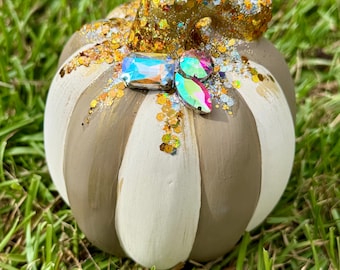 Decor / Ceramic Pumpkin - Glam Pumpkin - Glitter - Rhinestone - Gold - Tan and White - Striped - Fall - Halloween - Table Top