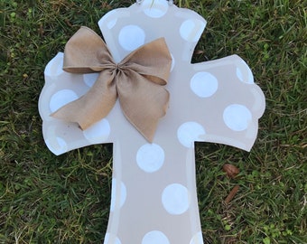 Door Hanger / White and Tan Polka Dot Wooden - Cross - Easter - Church - Polka Dot