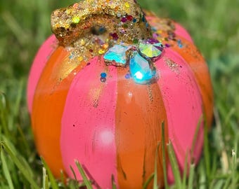 Decor / Ceramic Pumpkin - Glam Pumpkin - Glitter - Rhinestone - Gold - Hot Pink and Orange - Striped - Fall - Halloween - Table Top