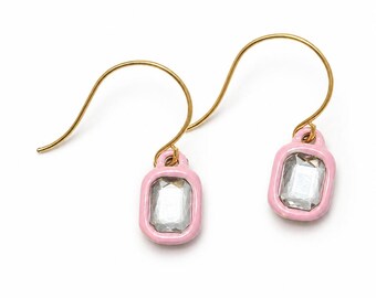 Ready to Ship - Earrings / Pink Enamel - Emerald - Rhinestone - Gold - Charm - Crystal - Rectangle - Drop - Chandelier - Dainty