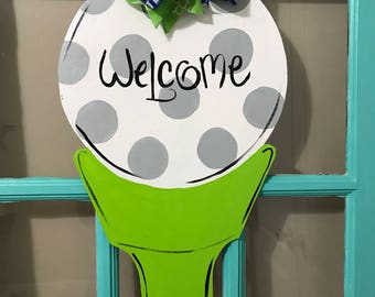 Door Hanger / Lime Green Golfball Tee Wooden Door Hanger - Golf Ball - Spring - Welcome Sign - Birthday Sign