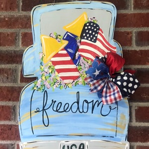 Door Hanger / Blue Patriotic Pickup Truck Wooden Door Hanger - Truck - American Flag - Fireworks - Wood Door Hanger - USA