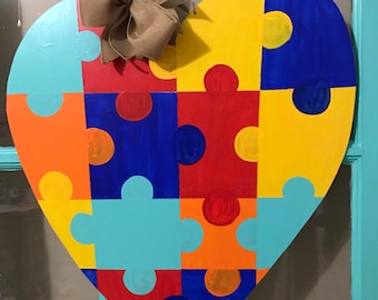 Door Hanger - Autism Awareness Heart Puzzle Piece - Wooden Door Hanger - Puzzle Piece - Autism - Heart