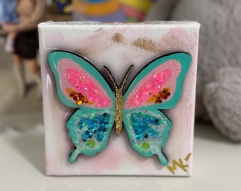 Canvas / 4x4 Hand Painted - Butterfly - Bug - Stand Alone - Blocl - Glitter - Gold - Butterfly Painting - Nursery - Shelf Sitter - Baby Girl