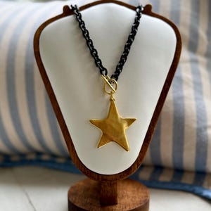 Necklace / Gold Toggle Necklace 19in - Gold - Star Pendant - Star - Toggle - Charm - Two Tone - Black - Rustic Brown