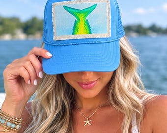 Hat / Trucker Style Hat - Cap - Blue - Pool Side - Mahi Tail - Turquoise - Patch - Lime Green - Fishing - Beach - Coastal - Yellow - Lake