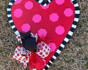 Door Hanger / Valentines Heart -  Wooden Door Hanger - Valentines - Polka Dot - Red - Pink - Black and White - Heart - Initial