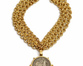Ready to Ship - Necklace / Chain Necklace - Charm - Gold - Horse  - Equestrian - Choker - Pendant - Derby Jewelry - Horses Running - Coin