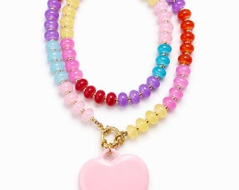 Necklace / Beaded Pink Heart - Rainbow Beads - Heart Pendant -Charm Necklace - Ombré - Anthropologie - Enamel Charm - Colorful