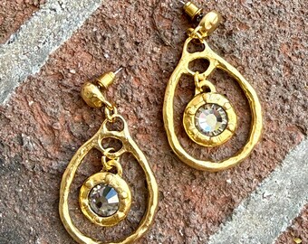 Ready to Ship - Earrings / Gold - Teardrop - Grey Stone - Crystal - Statement - Dangle