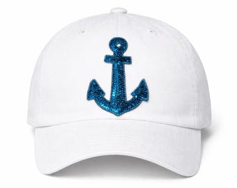 Hat / Baseball - Cap - Pool Side - Sequin Anchor - Spring Break - White - Blue - USA - Nautical - Sparkly - Coastal - Beachy - Lake