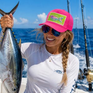Hat / Trucker Style Hat - Cap - Pink - Pool Side - Fish - Turquoise - Patch - Lime Green - Fishing - Beach - Coastal - Whimsical - Lake