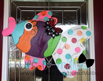 Whimsical Bright Fish Pink Fins Wooden Door Hanger