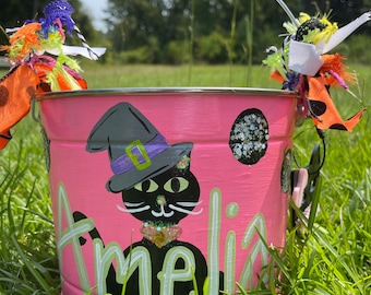 Galvanized Bucket - Personalized Trick or Treat Halloween Bucket - Cat Theme